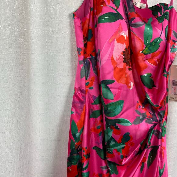 Eliza J Hot Pink Floral One Shoulder Ruffle Hi Lo A Line Dress Sz.10 NWT - Picture 7 of 16